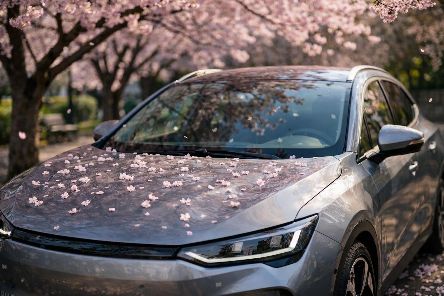Elektroauto unter blühenden Kirschbäumen im Frühling, Blütenblätter auf der Motorhaube. KI-generiertes Bild.