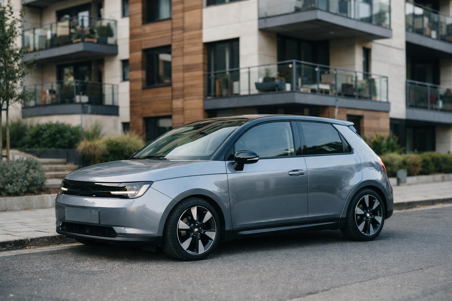 Kompaktes Elektroauto vor einem modernen Wohnhaus bei Tageslicht. KI-generiertes Bild.