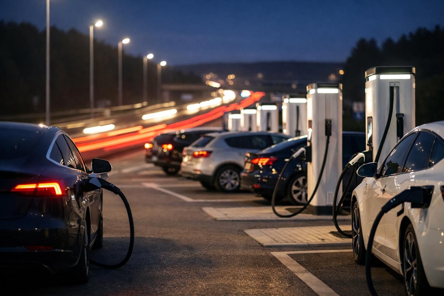 Mehrere Elektroautos an einem Schnellladepark an der Autobahn bei Nacht. KI-generiertes Bild.