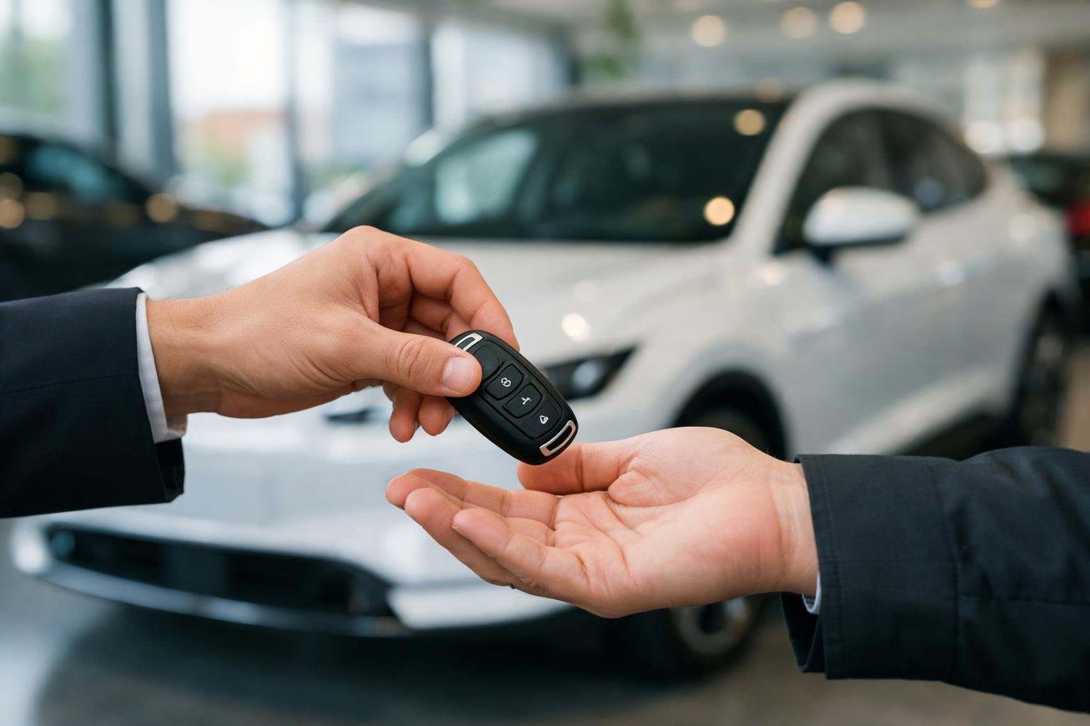 Zwei Hände übergeben einen Autoschlüssel vor einem neuen Elektroauto. KI-generiertes Bild.