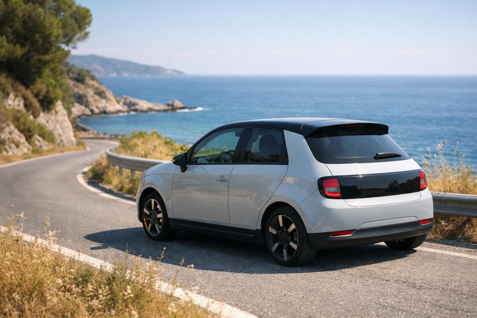 Kompaktes Elektroauto auf einer Küstenstraße im Sommer, das Meer im Hintergrund. KI-generiertes Bild.
