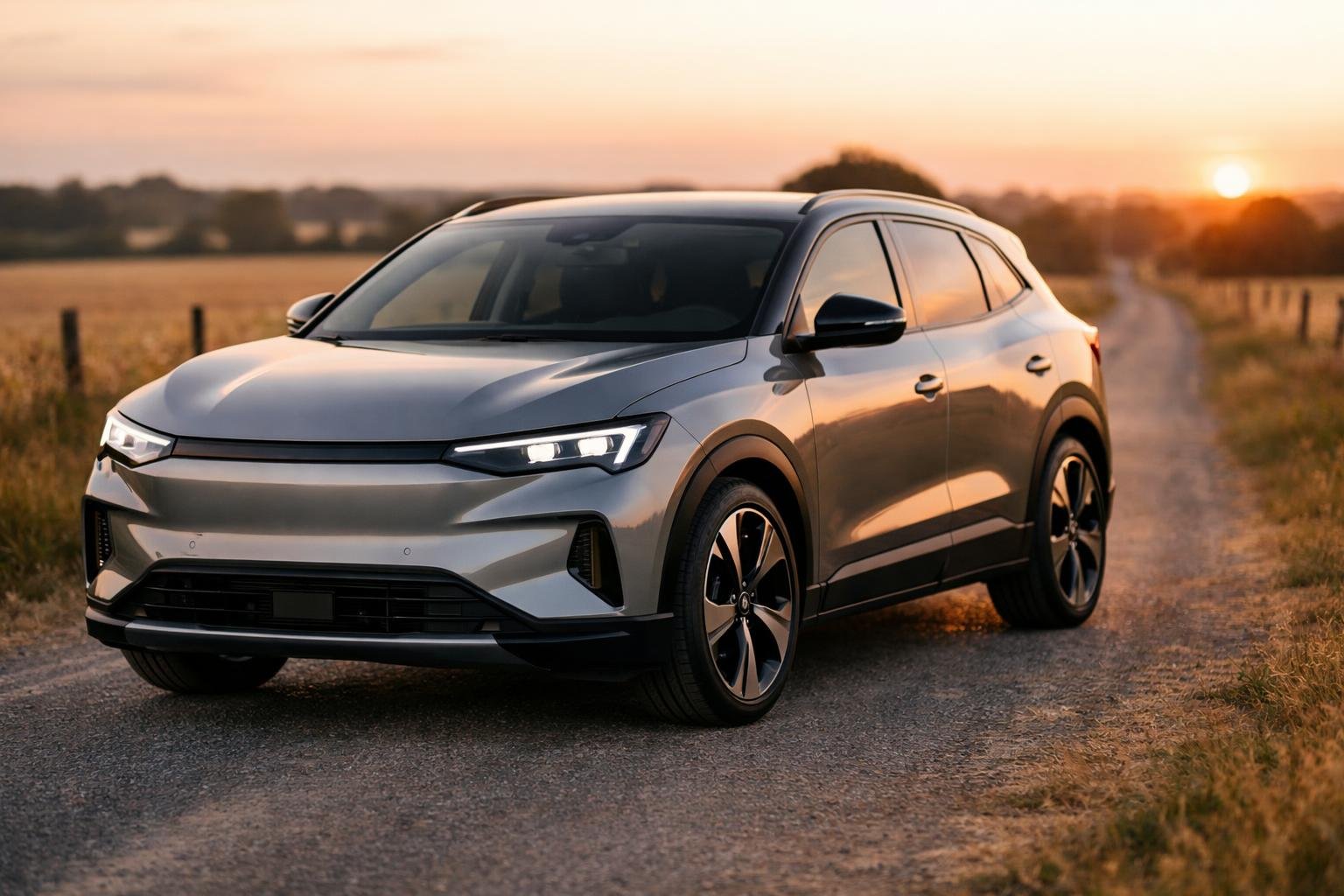 Elektro-SUV auf einer Landstraße im Abendlicht. KI-generiertes Bild.
