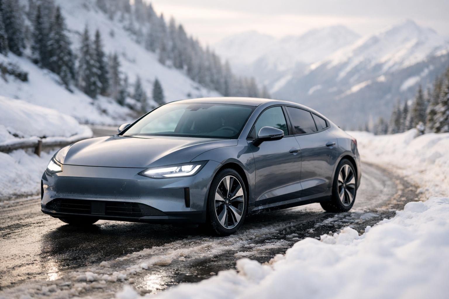 Modernes Elektroauto auf einer verschneiten Bergstraße im Winter. KI-generiertes Bild.